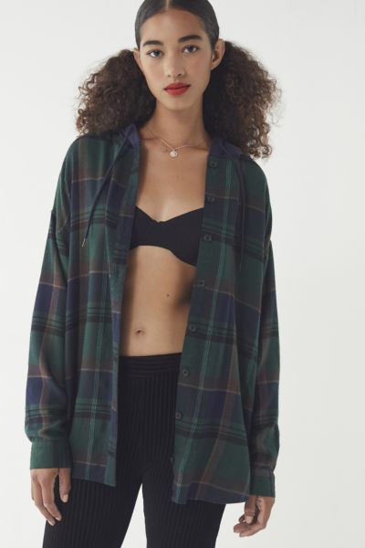 BDG Darcy Plaid Flannel Hooded Button-Down Shirt