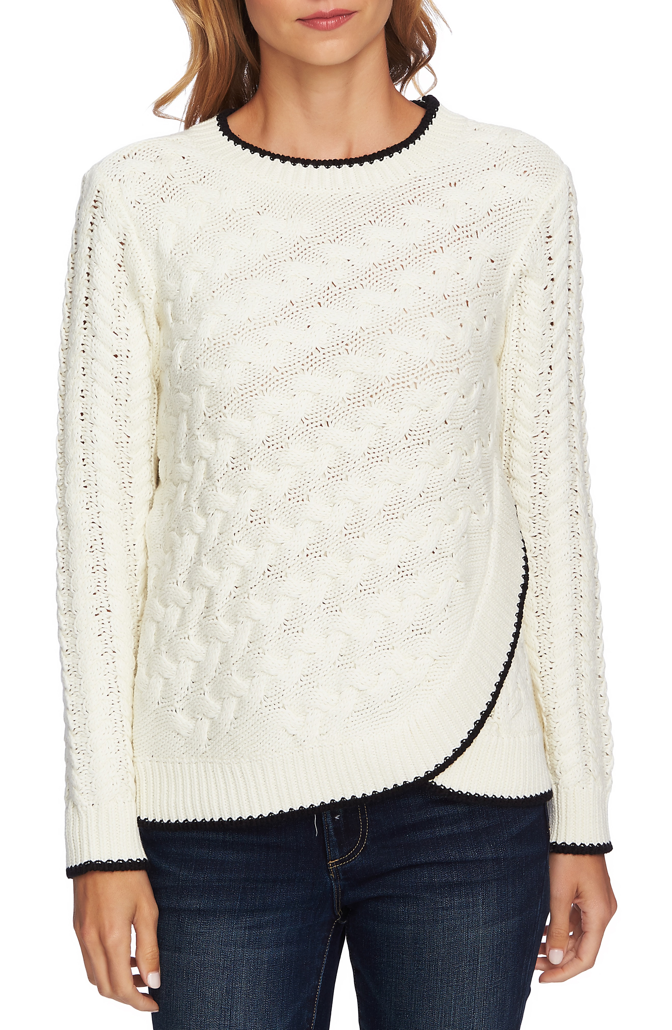 CeCe Cable Knit Overlay Cotton Sweater