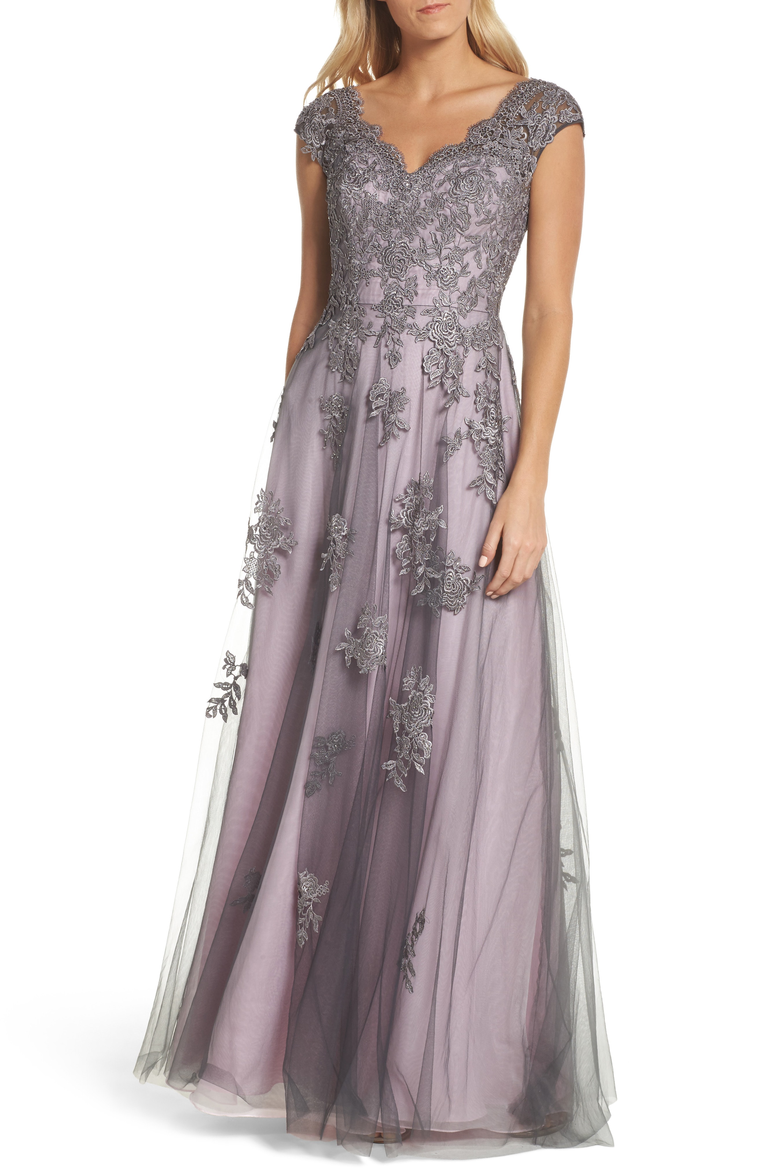La Femme Embellished Mesh A-Line Gown