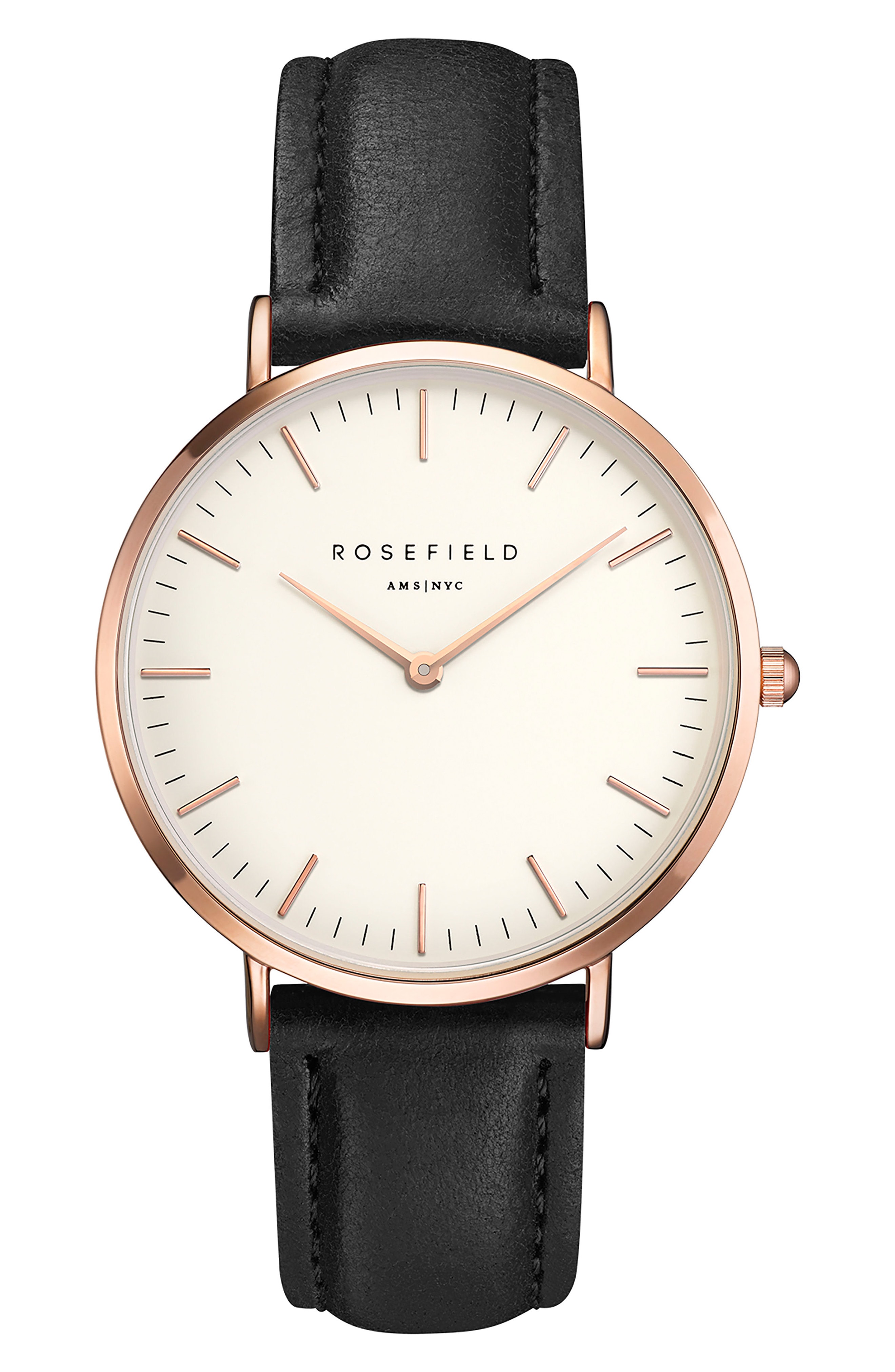 Rosefield Bowery Leather Strap Watch, 38mm